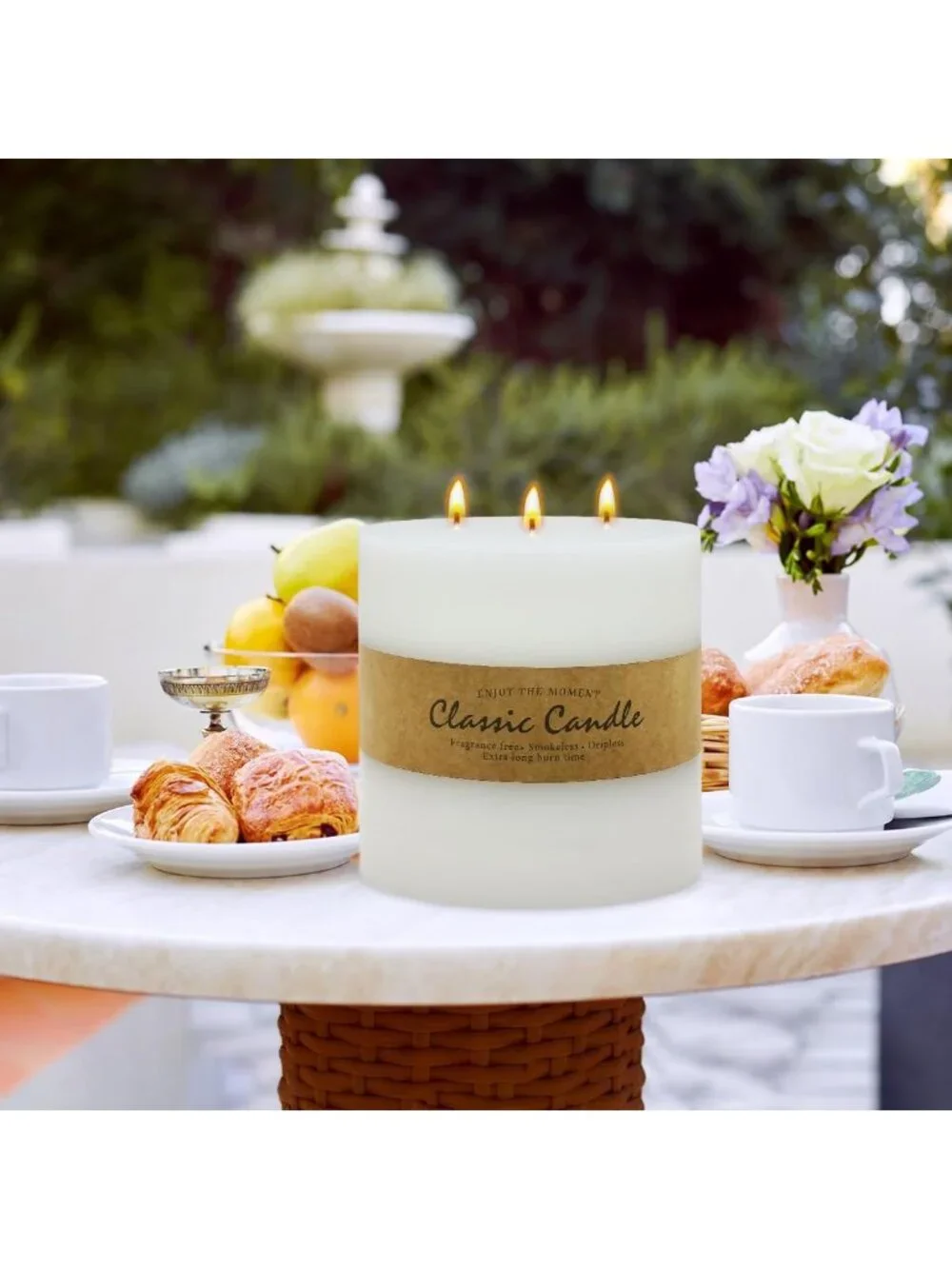 Large 3-Wick White Pillar Candle - Dripless, Smokeless, 120 Hour Burn, Home